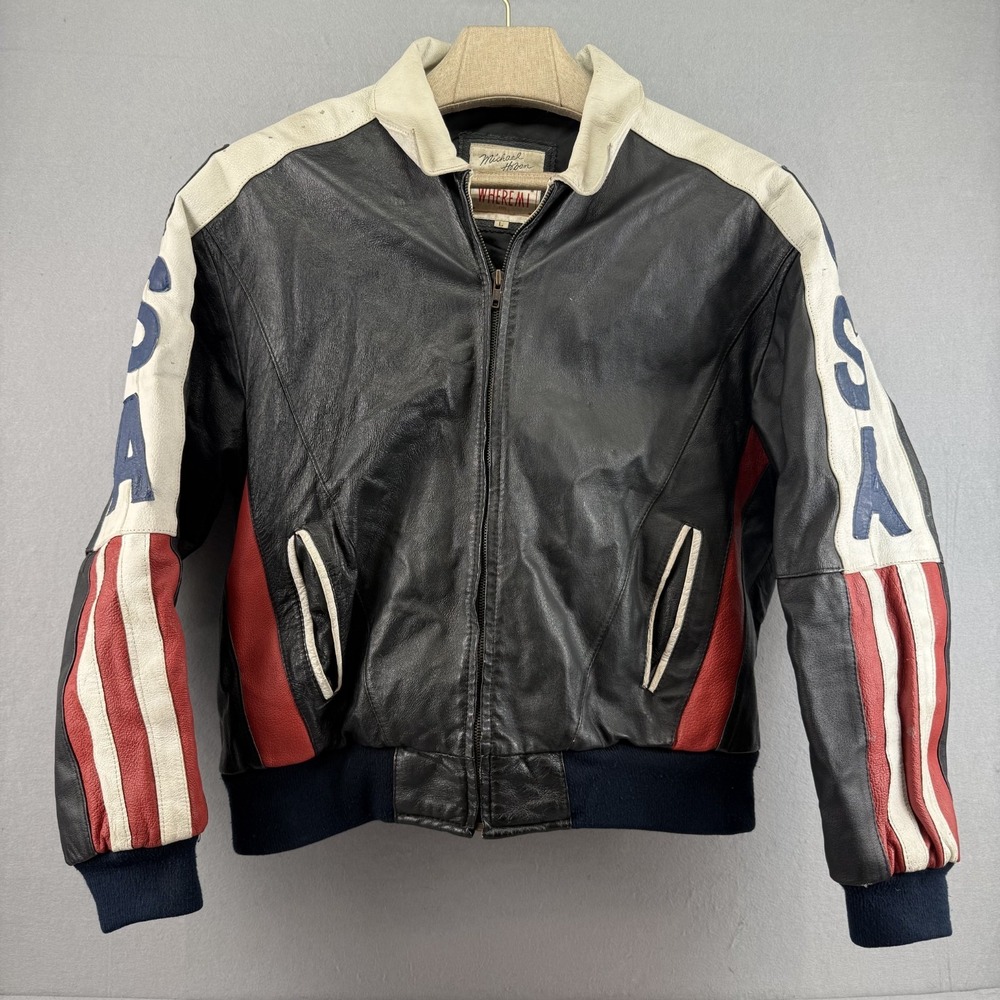 Vtg Michael Hoban WHEREMI USA Leather Jacket L 1991 American Flag Bomber 80s 90s